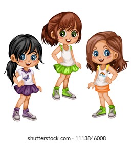 Cute Cartoon Girls Collection in Different Clothes and Hairstyles. Happy Beautiful Kids Set Isolated on a White Background