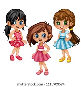 Cute Cartoon Girls Collection in Different Clothes and Hairstyles. Happy Beautiful Kids Set Isolated on a White Background