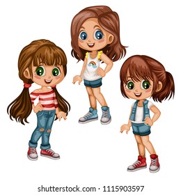 Cute Cartoon Girls Collection in Different Clothes and Hairstyles. Happy Beautiful Kids Set Isolated on a White Background