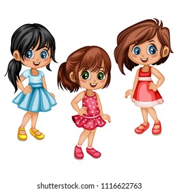 Cute Cartoon Girls Collection in Different Clothes and Hairstyles. Happy Beautiful Kids Set Isolated on a White Background