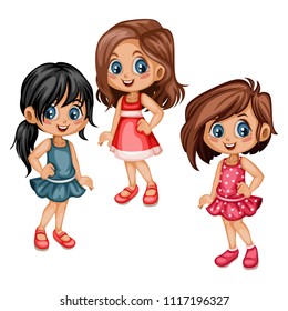 Cute Cartoon Girls Collection in Different Clothes and Hairstyles. Happy Beautiful Kids Set Isolated on a White Background