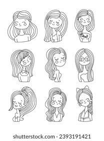 Cute cartoon girls. Coloring Page. Portrait of a young woman with long wavy hair. Hand style. Vector drawing. Collection of design elements.