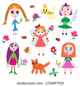 Cute cartoon girls with flowers and cats children's drawings