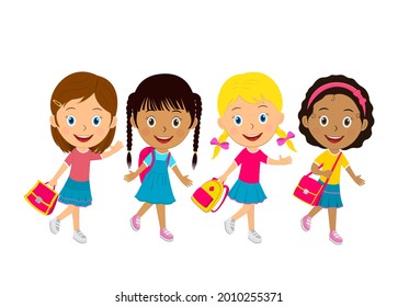 Cute Cartoon Girls Go Bagsillustrationvector Stock Vector (Royalty Free ...