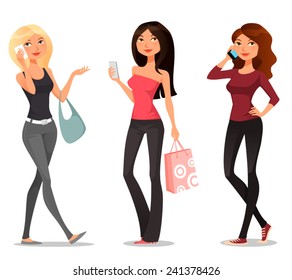 cute cartoon girls with mobile phones. Beautiful young women or teenage girls, in casual fashion. Cartoon character. Isolated on white.