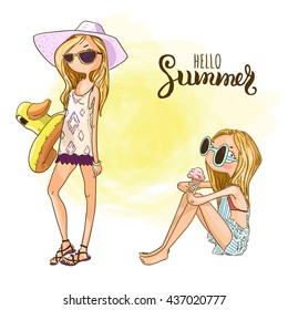 Cute cartoon girls on the beach. Summer holidays vector illustration.