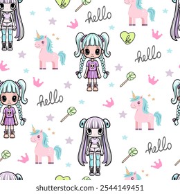 Cute Cartoon Girls Seamless Pattern with Hearts and Flowers. Kawaii Girls with Blue and Pink Hair Pattern