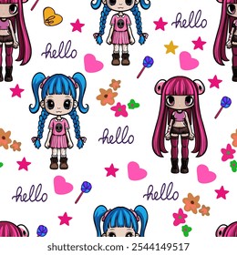 Cute Cartoon Girls Seamless Pattern with Hearts and Flowers. Kawaii Girls with Blue and Pink Hair Pattern