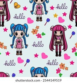 Cute Cartoon Girls Seamless Pattern with Hearts and Flowers. Kawaii Girls with Blue and Pink Hair Pattern