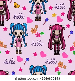 Cute Cartoon Girls Seamless Pattern with Hearts and Flowers. Kawaii Girls with Blue and Pink Hair Pattern