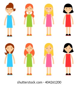 Cute cartoon girls set in flat style. Isolated cartoon girls set with different hairstyles and dresses. Vector smiling cartoon girls set for use in variety of projects.
