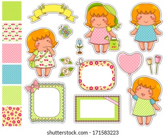cute cartoon girls with a set of frames and swatches