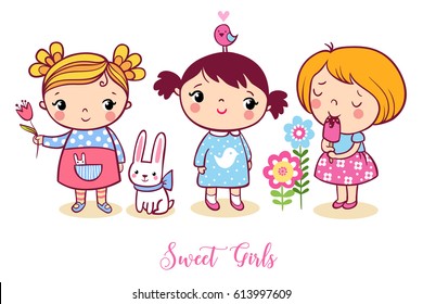 Cute cartoon girls set.  Vector illustration. The girls stand with hare. The child is eating ice cream. A little girl is holding a flower in her hand. A child with a bird on his head. 