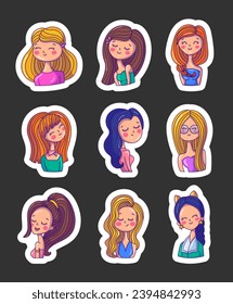 Cute cartoon girls. Sticker Bookmark. Portrait of a young woman with long wavy hair. Hand style. Vector drawing. Collection of design elements.