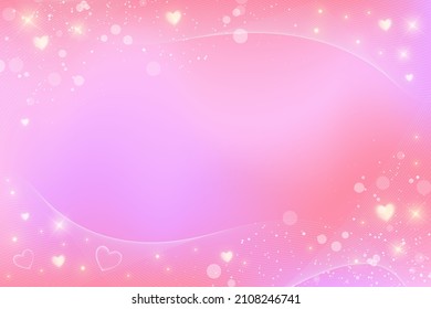 Cute cartoon girly background. Pink frame with bokeh and hearts for Valentine day decoration. Fantasy background. Illustration in pastel colors. Vector.