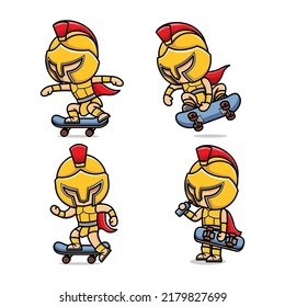 cute cartoon gladiator character skateboarding