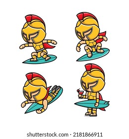 cute cartoon gladiator playing surfing