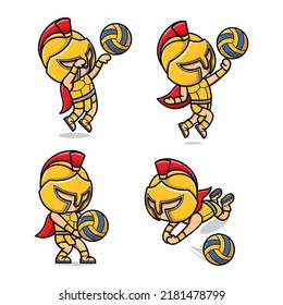 cute cartoon gladiator playing volleyball