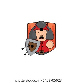 cute cartoon gladiator with shield and sword icon illustration character. kingdom concept illustration premium cartoon,flat style cartoon