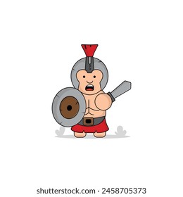 cute cartoon gladiator with shield and sword icon illustration character. kingdom concept illustration premium cartoon,flat style cartoon