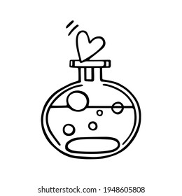 Cute cartoon glass bottle with bubbles and a heart. The concept of love and Valentine's Day. A hand-drawn bottle with a love message. Doodle vector illustration isolated on white. For stickers, cards.