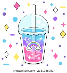 A cute cartoon glass with a drink and a rainbow sticker. Vector illustration of a colorful drink on a white background with colorful stars, dots and other symbols.