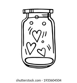 Cute cartoon glass jar filled with hearts. The concept of love and Valentine's Day. A hand-drawn jar with a love message. Doodle vector illustration isolated on white background. For card, sticker.