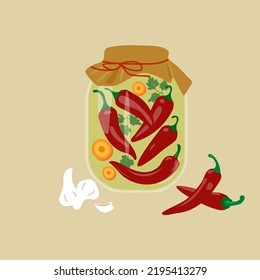 Cute cartoon glass jar with red chilli, parsley and parrot. Country styled vector illustration.