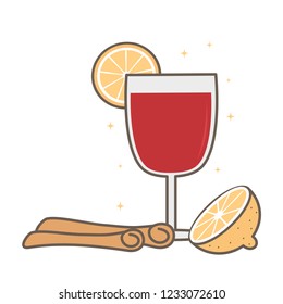 cute cartoon glass of mulled wine with cinnamon sticks and orange vector illustration 