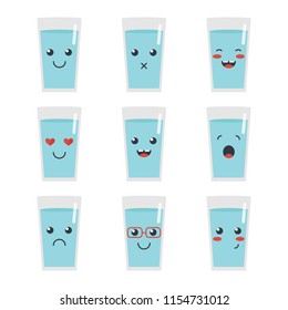 Cute cartoon glass of water character with different facial expressions, emotions. Set, collection of emoji isolated on white background.