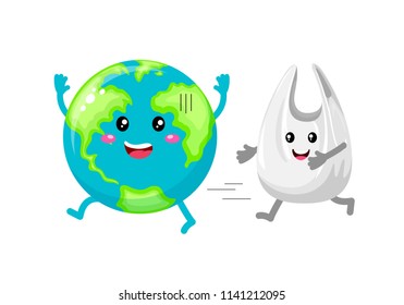 Cute cartoon globe character with plastic bag. Reduce global warming concept. Illustration isolated on white background.