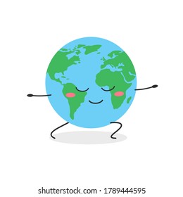 Cute cartoon globe character standing in yoga asana. Vector flat illustration isolated on white background 
