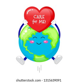 Cute cartoon globe characters hold red heart. Care for me concept. Vector illustration isolated on white background.