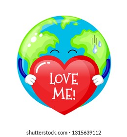 Cute cartoon globe characters hold red heart. Love me concept. Vector illustration isolated on white background.