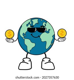Cute cartoon globe earth takes a break for a while. Earth character with funny style. Flat vector asset design for save earth campaign
