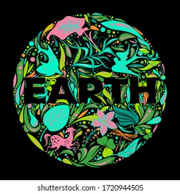 Cute cartoon Globe image with floral and animal icons on black background. Lettering "Earth". Earth Day, zero waste concept. Motivational ecology banner, background, print, poster. Vector illustration