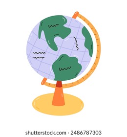 Cute cartoon globe with stand for school lesson of geography. Table and desk Earth globe with world map, ocean, continents for back to school, study, education. Hand drawn vector isolated clipart.