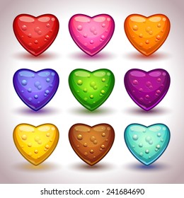 Cute cartoon glossy hearts with bubbles in different colors, isolated vectors 