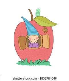 Cute cartoon gnome in the apple house. Wood Elf