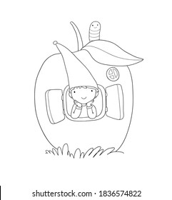 Cute cartoon gnome in the apple house. Wood Elf