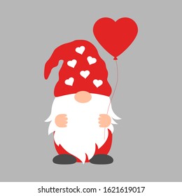 Cute Cartoon gnome with balloon heart on a gray background