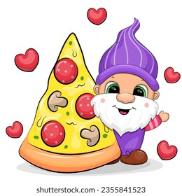 Cute cartoon gnome with a big piece of pizza. Vector illustration of dwarf man on a white background with red hearts.