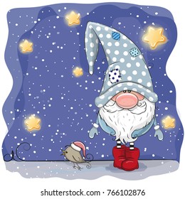 Cute Cartoon Gnome and a bird with hat