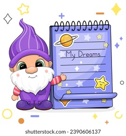 A cute cartoon gnome with a blue notebook with stickers. Vector illustration of a dwarf man on a white background with stars, circles.