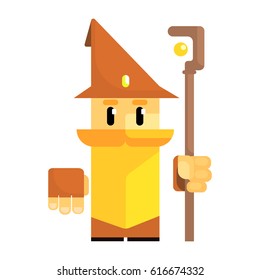 Cute cartoon gnome in a brown hat with a staff in his hands. Fairy tale, fantastic, magical colorful character