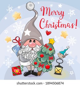 Cute Cartoon Gnome with christmas tree on a blue background