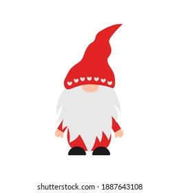 Cute cartoon gnome for Christmas or Valentines Day isolated on white . Scandinavian Nordic dwarf character. Vector template for greeting card, banner, poster, t shirt, etc.