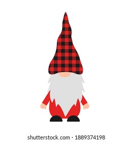 Cute cartoon gnome for Christmas or Valentines Day with red buffalo plaid hat. Scandinavian Nordic Character. Vector template for banner, poster, greeting card, t shirt, etc.