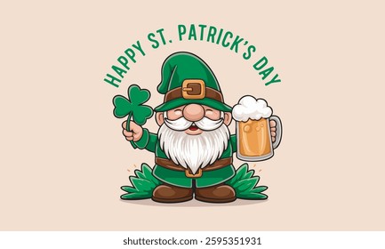 Cute cartoon gnome dressed as a leprechaun holding a shamrock and a beer mug with the text "Happy St. Patrick’s Day." Perfect for holiday greeting cards, decorations, and festive designs