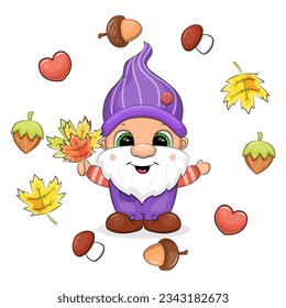 Cute cartoon gnome with fallen leaves. Autumn vector illustration of a dwarf man with red hearts, nuts, acorns, mushrooms, leaves on a white background.